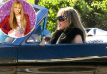 Miley Cyrus sports a blonde wig in a convertible Mustang ahead of Hannah Montana special