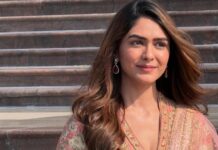 Mrunal Thakur’s salmon Chanderi anarkali layers digital jaal with hand-finished aari edges