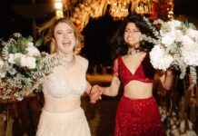 The brides exchanged vows at sunset by the Arabian Sea during their wedding in Mumbai