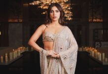 Bhumi Pednekkar shines in an Arpita Mehta tissue sari detailed with cutdana and mirrorwork