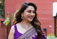 Madhuri Dixit Neneās Mrunalini Rao silk sari is edged with intricate zardozi work