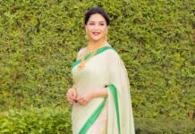 Madhuri Dixit Nene’s House of Masaba half-and-half sari pairs the palest mint with a pop of hot pink