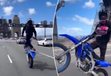 Chilling footage shows dirt bike rider’s ‘reckless’ act on busy bridge: ‘Death-defying stunts’