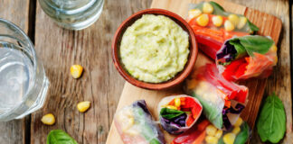 Rainbow Spring Rolls with Avocado Hummus