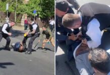 Dramatic moment knife-wielding terrorist kicked in the head by hero cops after stabbing two Jewish men in London