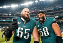 Eagles lineman Jordan Mailata officiates teammate Lane Johnson’s wedding
