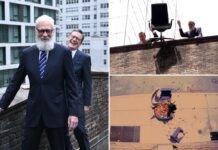 David Letterman and Stephen Colbert trash CBS furniture in rooftop revenge stunt