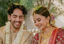 The bride wore a Raja Ravi Varma-inspired ensemble for her wedding in Udaipur