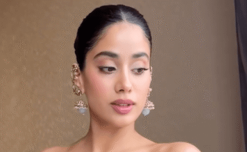 Janhvi Kapoor’s pastel Anamika Khanna look is worked with antique gold zari embroidery