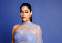 Janhvi Kapoor’s periwinkle Manish Malhotra sari is hand-painted and edged with fringe