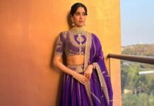 Janhvi Kapoor’s purple lehenga was covered in floral zari and lattice-like embroidery