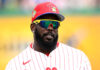 Terrified Adolis García Wondering If Anyone Else Can See Phillie Phanatic