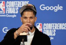 Josh Hart enjoys wine at press conference after Knicks make easy work of Cavaliers