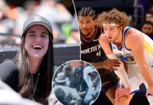 Caitlin Clark runs into Warriors player at Giants game
