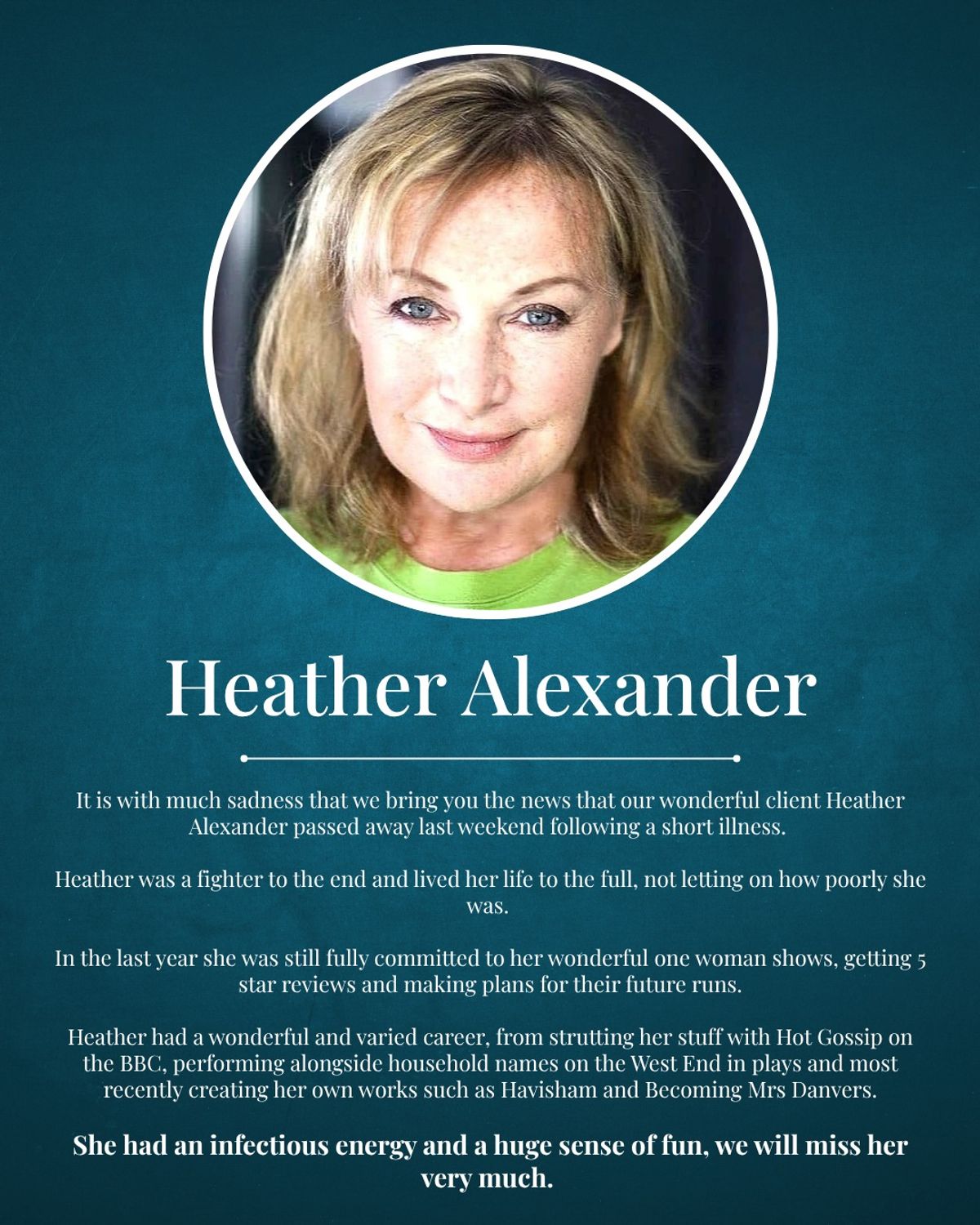 BBC star Heather Alexander dead as tributes paid to actress and Hot Gossip dancer