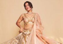 Wamiqa Gabbi’s Banarasi lehenga features cowrie shell and oversized sequins
