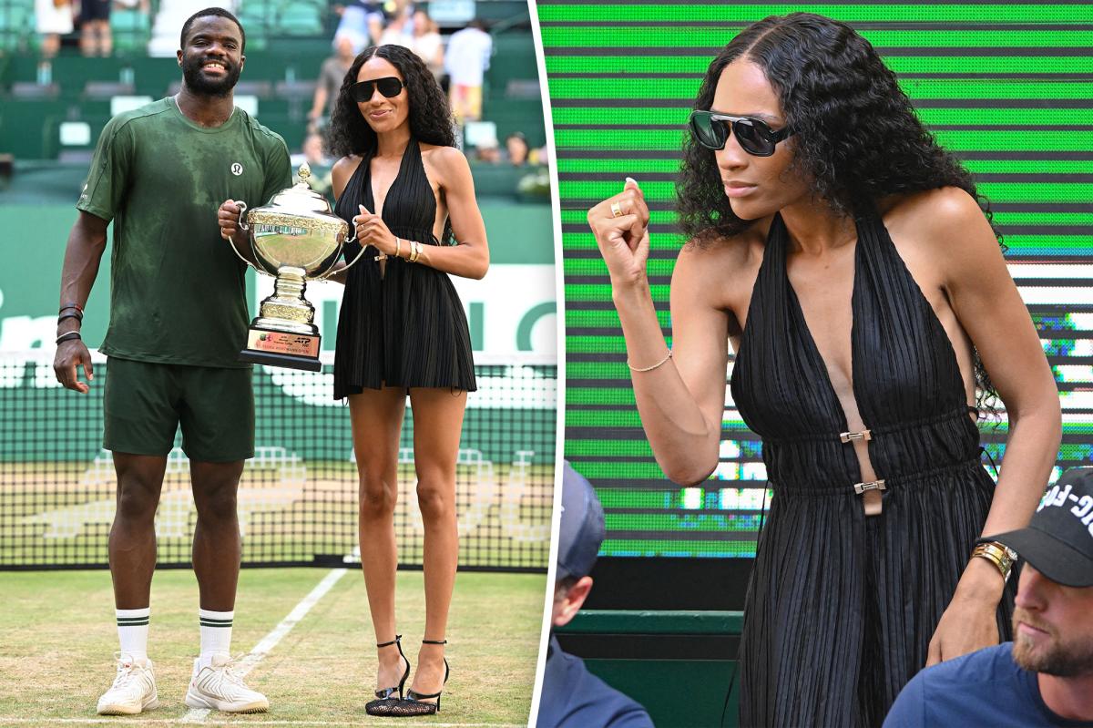 Frances Tiafoe’s girlfriend Ayan Broomfield celebrates Halle Open win in black dress