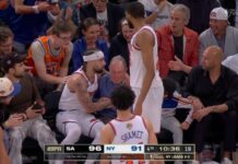 Knicks guard Jose Alvarado plows into former NYC Mayor Bloomberg during Game 3 of Finals