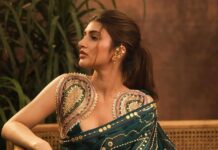 Sreeleela’s emerald-green sari comes with pearl embellishments and gold sequins