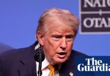Sabre-rattling to ‘tremendous love’: erratic Trump dominates final hours of Nato summit