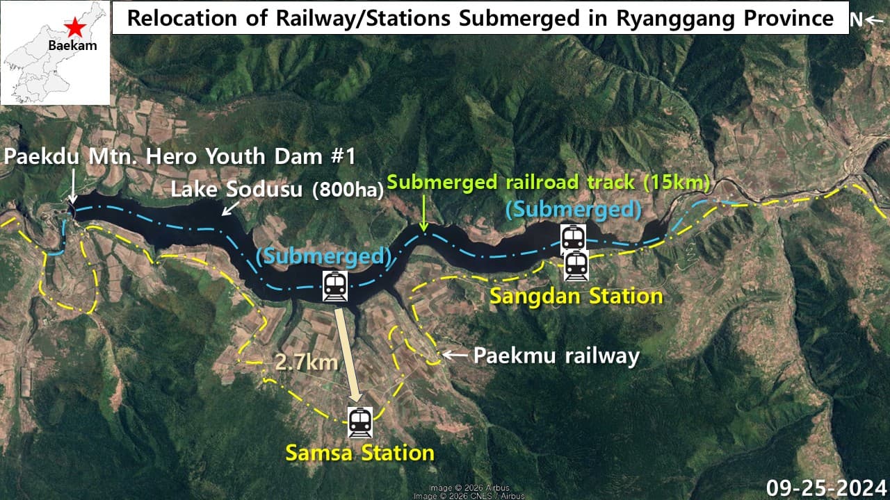 Satellite images reveal flooded rail line in Ryanggang province