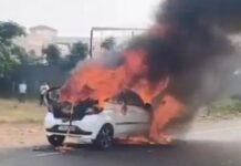 Driver Jumps Out as Car Catches Fire Near Shamshabad Airport Road