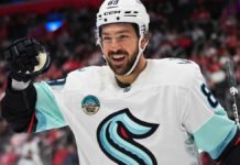Gaudreau scores twice in 4-goal 2nd period as Kraken beat Red Wings 6-3